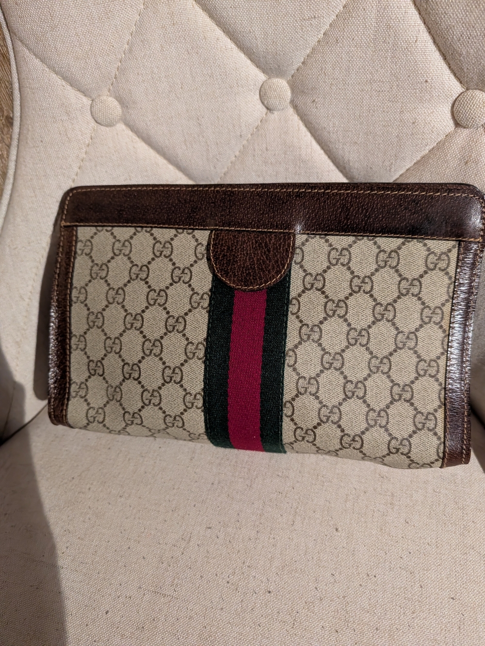 Gucci Beige GG Canvas Clutch w COA Brown Leather and Sherry Web Striping